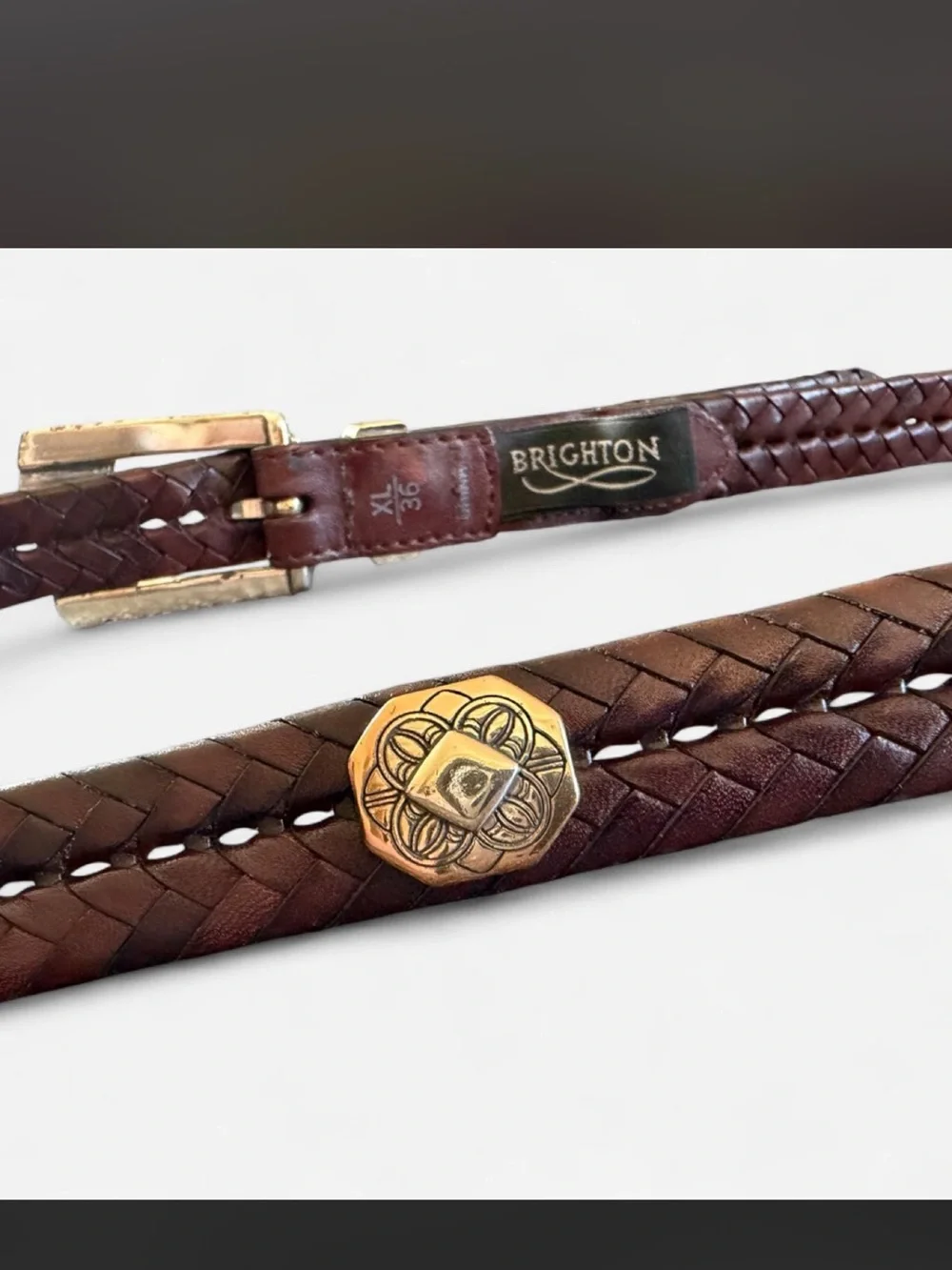 Brighton Braided Leather Men's Belt with Decorative Silver-Tone Buckle - Brown